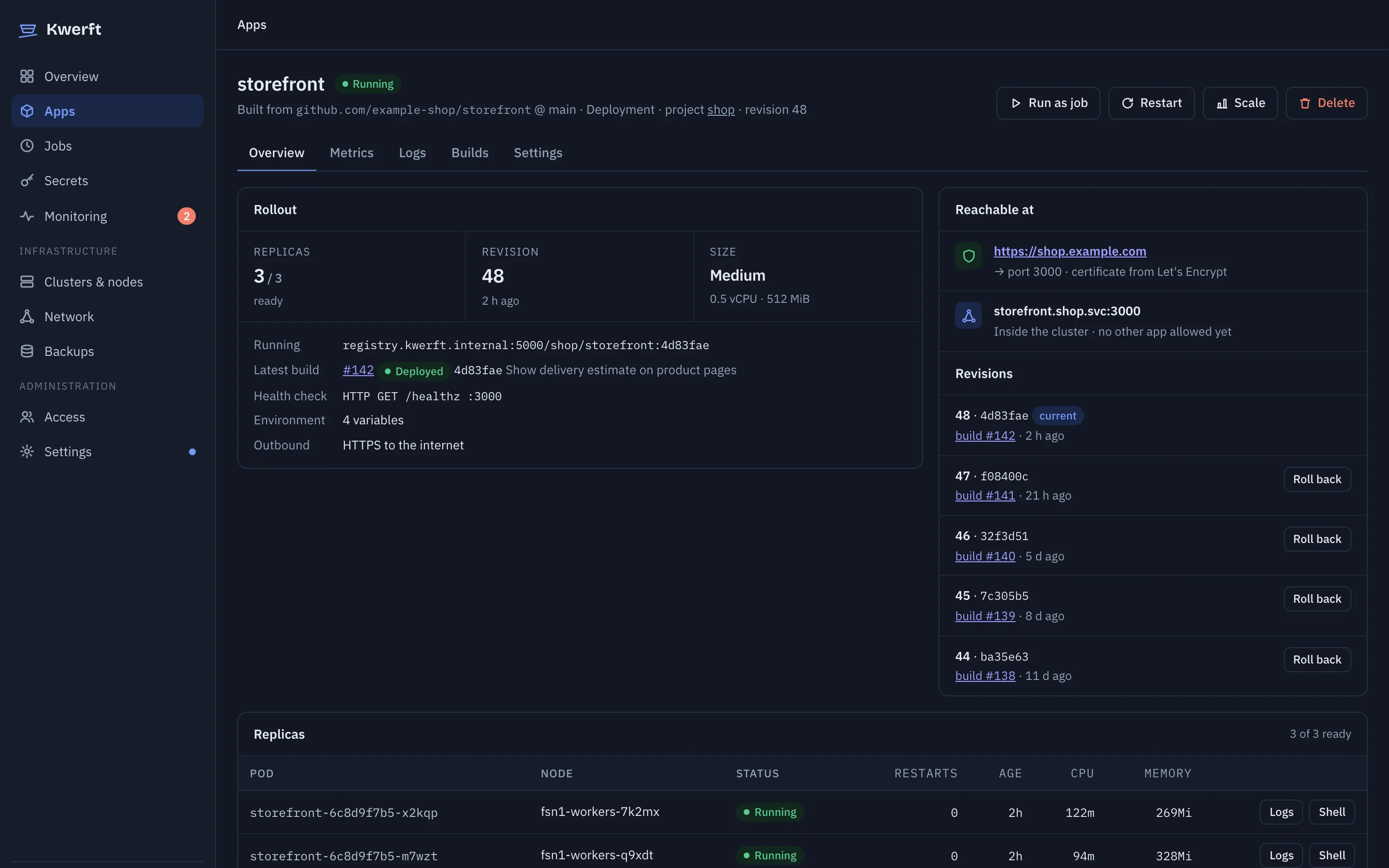 App detail page with replicas, revisions and reachable hostnames