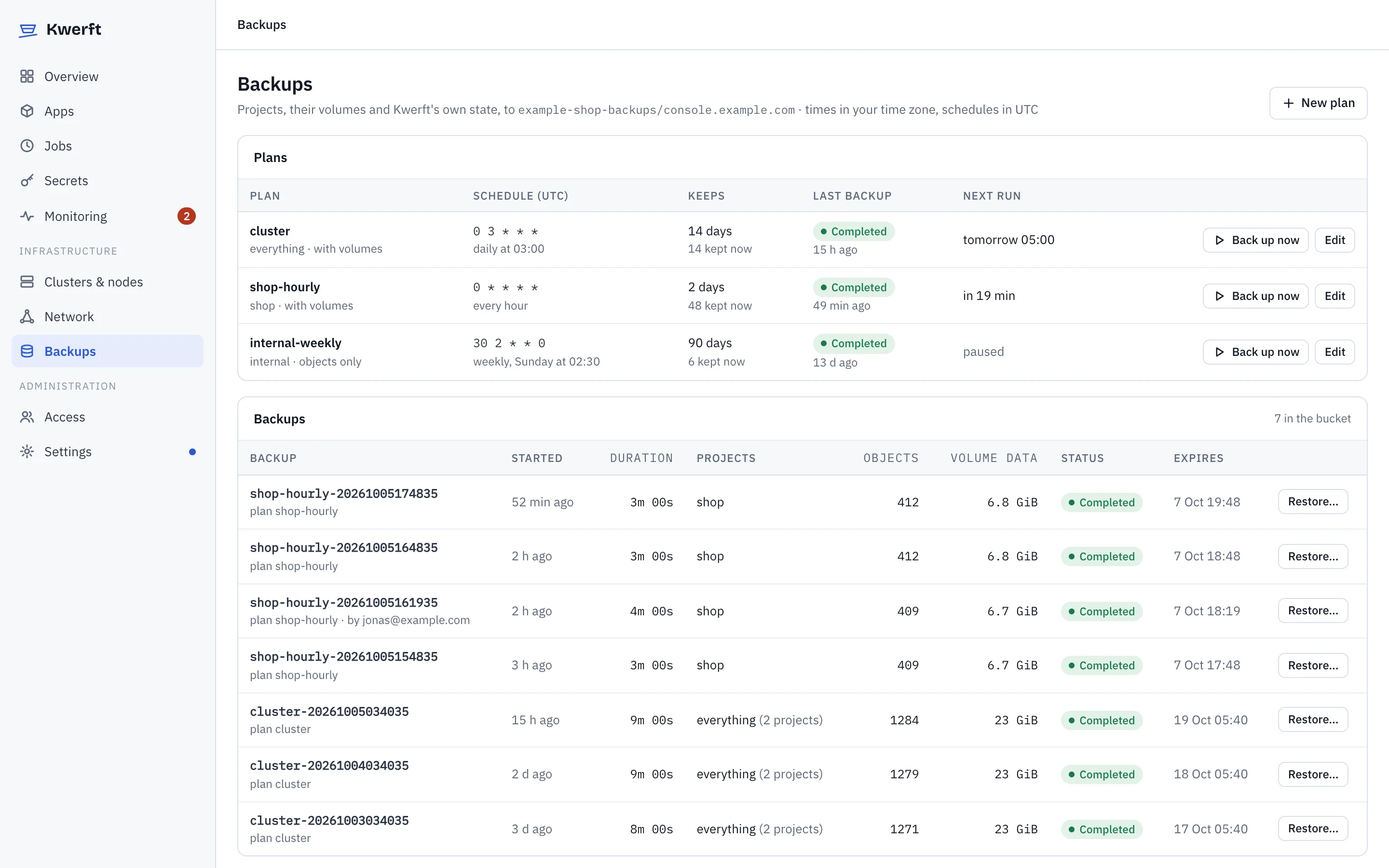Backup plans and the backups in the bucket, each with a Restore button