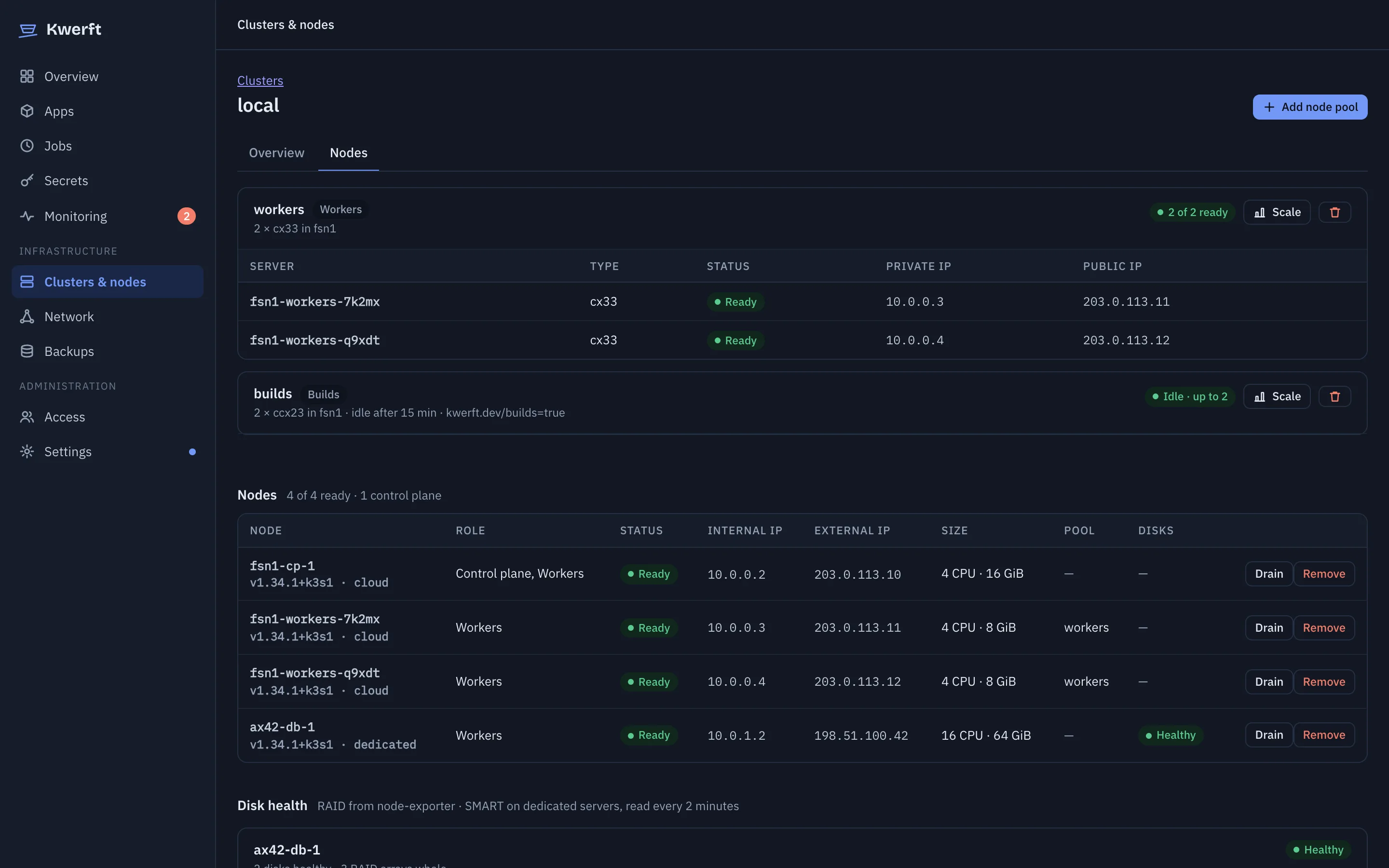 Node pools and nodes of the production cluster, with a disk health column for the dedicated server