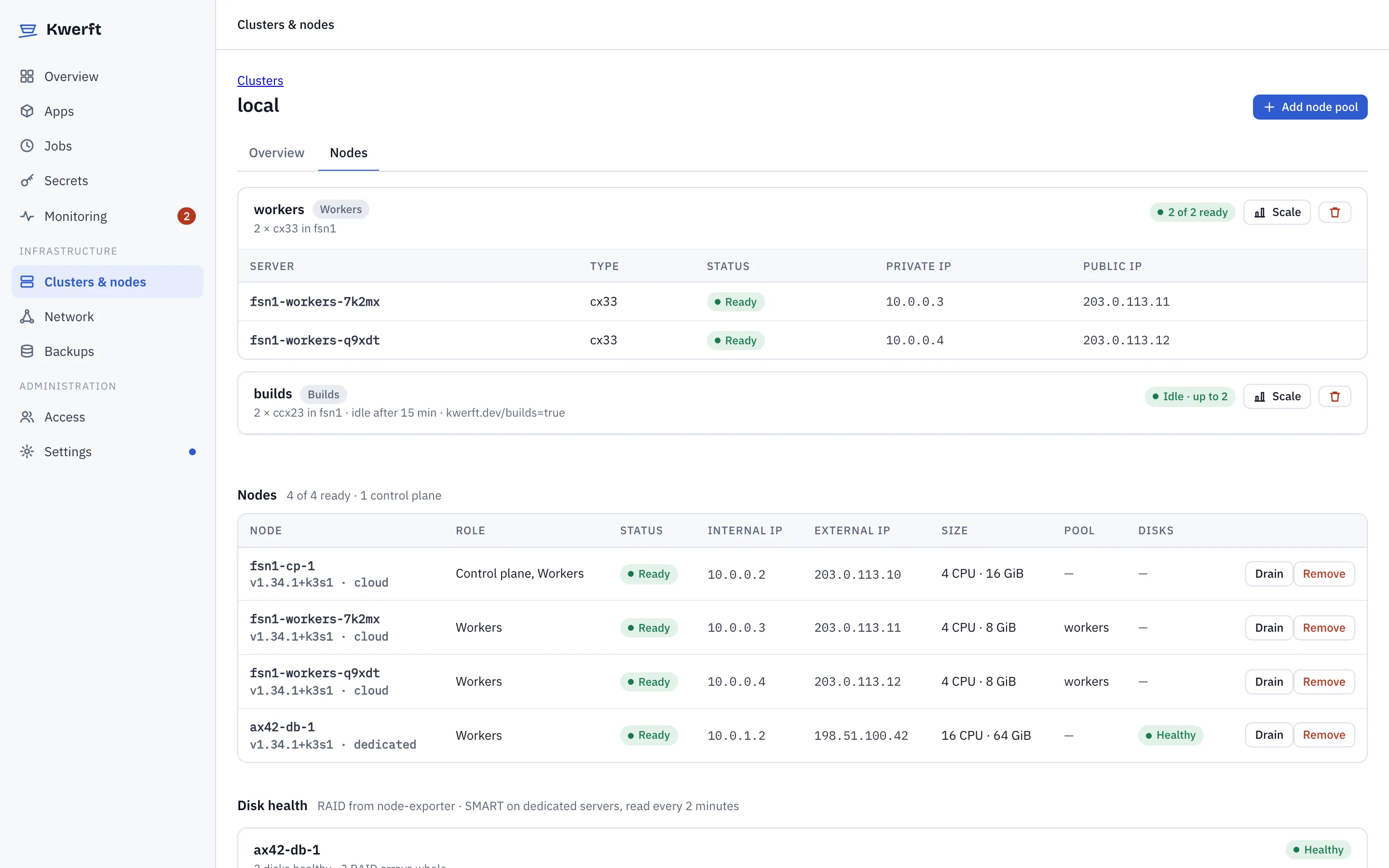 Node pools and nodes of the production cluster, with a disk health column for the dedicated server