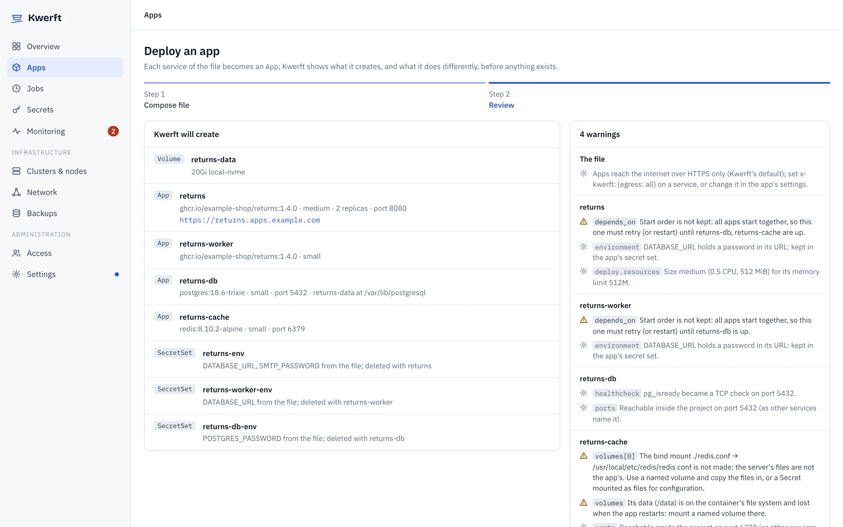 The review of an imported Compose file: four apps, a volume and three secret sets, with warnings per service
