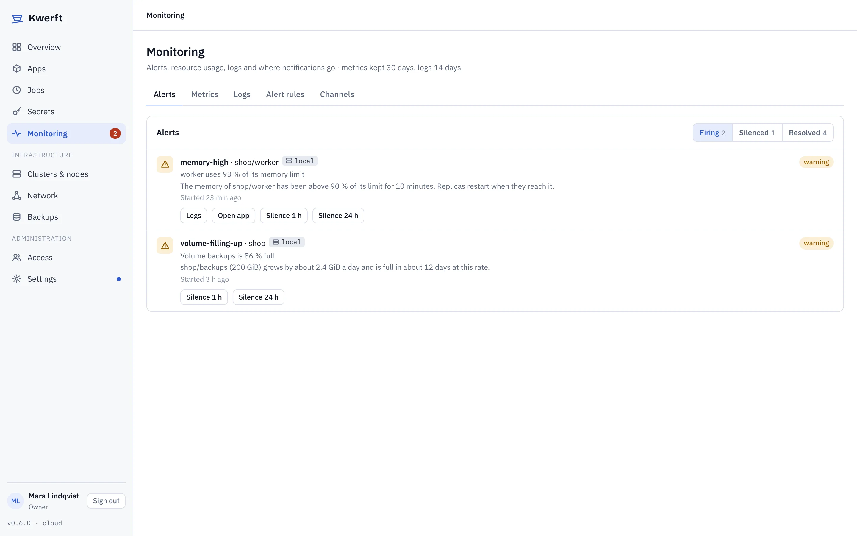 Two firing alerts with links to logs, the app and a silence button