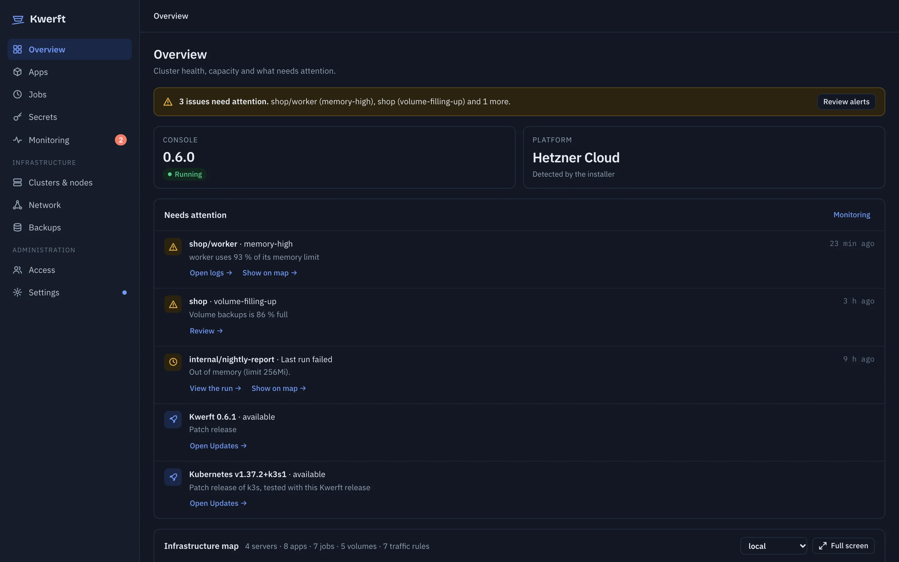 Cluster overview with alerts, a job that ran out of memory, available updates and the infrastructure map
