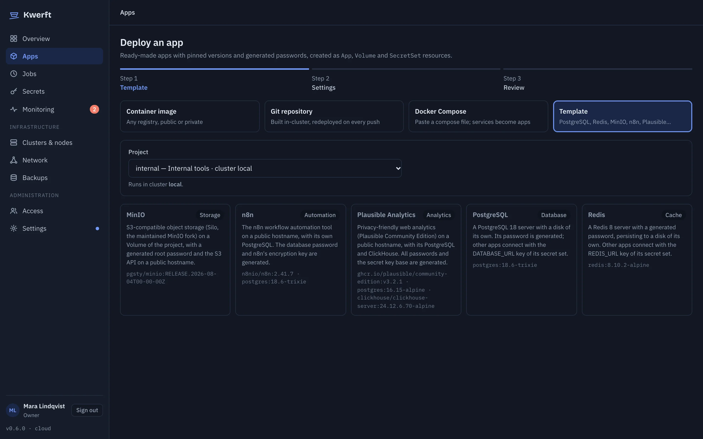 The template catalog: MinIO, n8n, Plausible Analytics, PostgreSQL and Redis